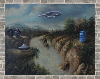 8x10 print of Altered Thrift Store Painting Space Ships Gathering Parody