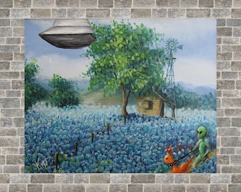 Alien and Pet on a Walk 8x10 print of altered thrift store painting