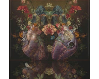 Lienzo mate con diseño de corazón anatómico floral / Cuadro estirado para pared, lámina inspirada en una calavera botánica