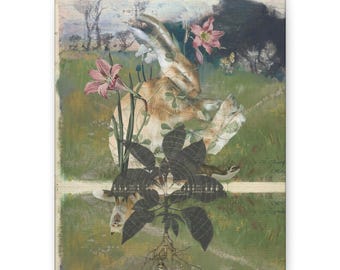 Lienzo collage botánico de conejos