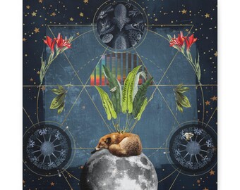 Cuadro de zorro lunar místico en lienzo, decoración de pared bohemia celestial con temática natural.