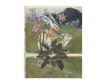 Póster de arte botánico de conejo / Estampado floral vintage con animales