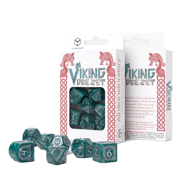 VIKING JUEGO DE DADOS Mjolnir Green Silver juegos de rol Q-Workshop dnd d&d rpg historia contando accesorios brujos fantasía Vikingos nórdicos nuevo