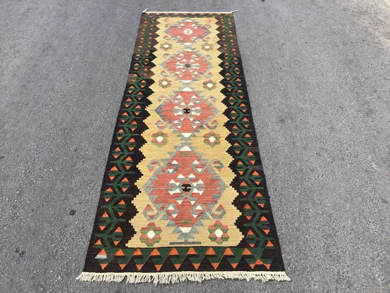 特大トルコキリムラグ：ヴィンテージウールエリアラグ（35x109インチ