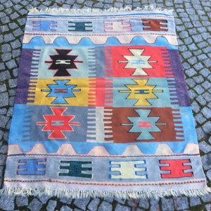 Duży turecki kilim: wełniany dywan w stylu vintage (37x46 cali)