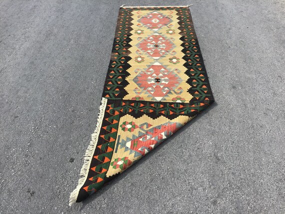 特大トルコキリムラグ：ヴィンテージウールエリアラグ（35x109インチ