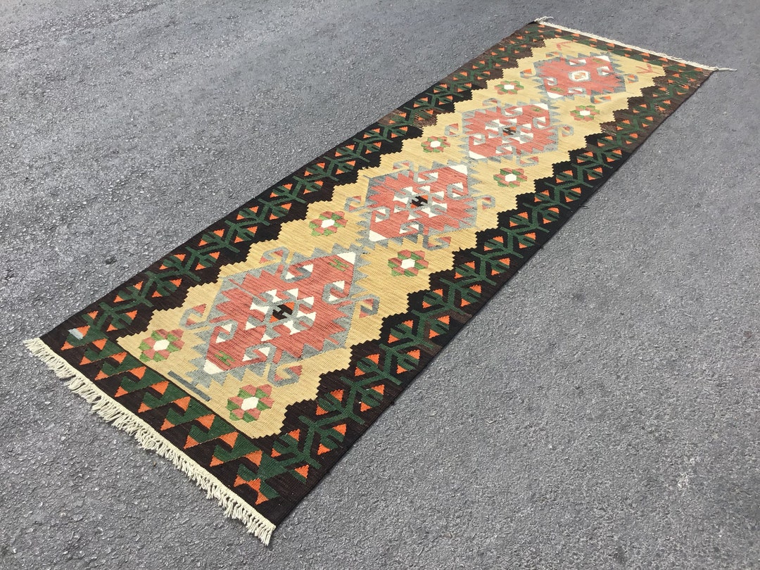 特大トルコキリムラグ：ヴィンテージウールエリアラグ（35x109インチ