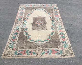 Handknotted Floral Turkish Rug: Vintage Oushak Wool Area Rug