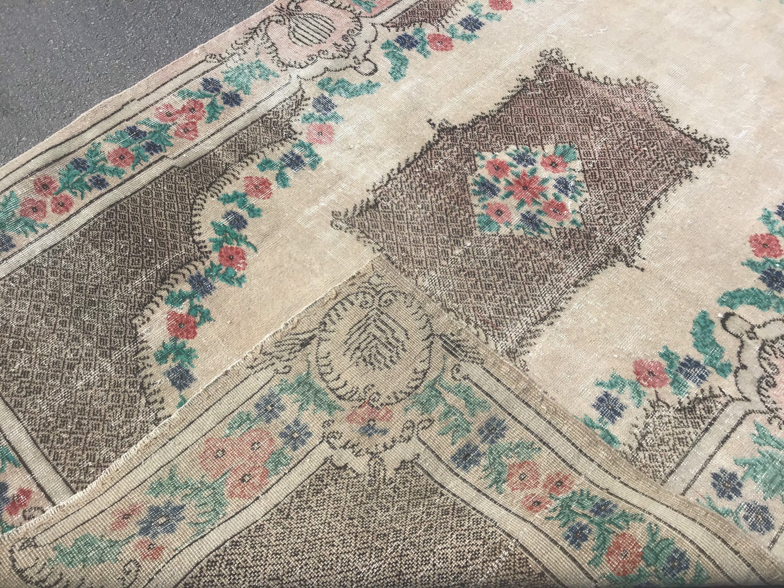Handknotted Floral Turkish Rug: Vintage Oushak Wool Area Rug