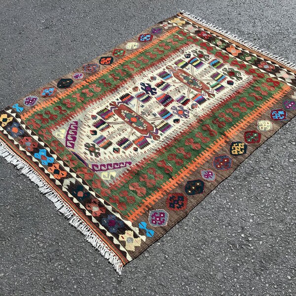 Turkse Kilim tapijt, Boho tapijt, vintage tapijt, Turkse Kilim, Turkse tapijt, handgeweven tapijten, vintage Kilim tapijt, kleine Kilim tapijt, tapijten 3.8 x5