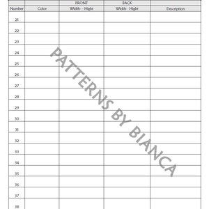 May include: A printable quilt pattern tracker with columns for number, color, front width and height, back width and height, and description. The tracker is designed to help quilters keep track of their projects.