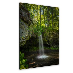 May include: A vertical wall art print featuring a waterfall cascading over a dark, textured rock ledge into a small pool. The scene is surrounded by lush green forest foliage and tall trees, with sunlight filtering through the canopy above.