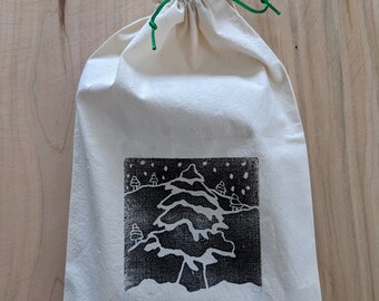 Reusable Cloth Christmas Gift Bag - Upcycled, Block Printed, Christmas Tree Design