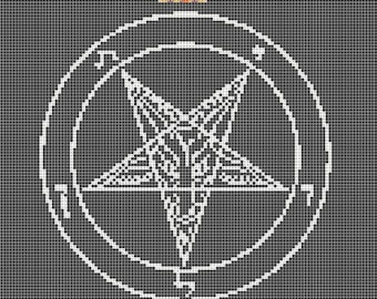 May include: Black and white pentagram with a goat's head in the center, surrounded by a circle with the words "Fail Satan Worship Doom" on the top and bottom. The pentagram is on a black background with a white grid.