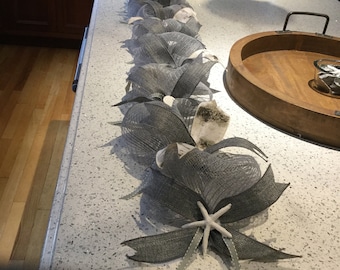 Gray Burlap Coastal Garland with Seashells - 6 Foot