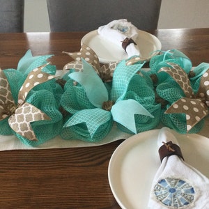 Table centerpiece, burlap centerpiece, aqua burlap table centerpiece, coastal centerpiece