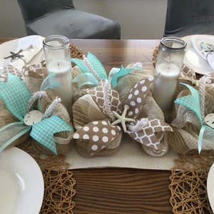 Table centerpiece, beige and white burlap centerpiece, farmhouse centerpiece, coastal centerpiece
