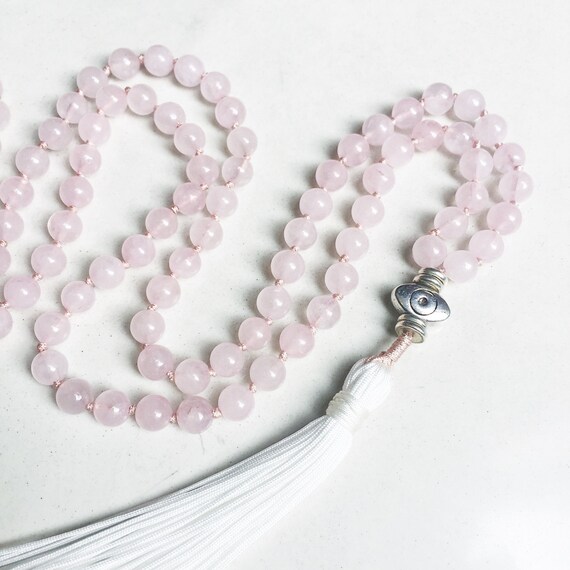 Inspirational gift for woman Loving What Is Gemstone Mala Rose Quartz Rhodonite Mala /& Garnet Long tassel necklace Bohemian 108 Mala