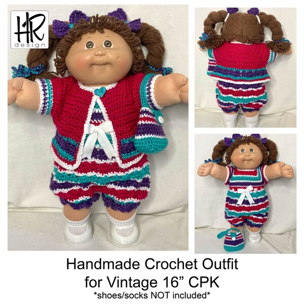 Handmade Crochet Stripe Romper with Jacket & Purse for Cabbage Patch Kids CPK 16” Doll