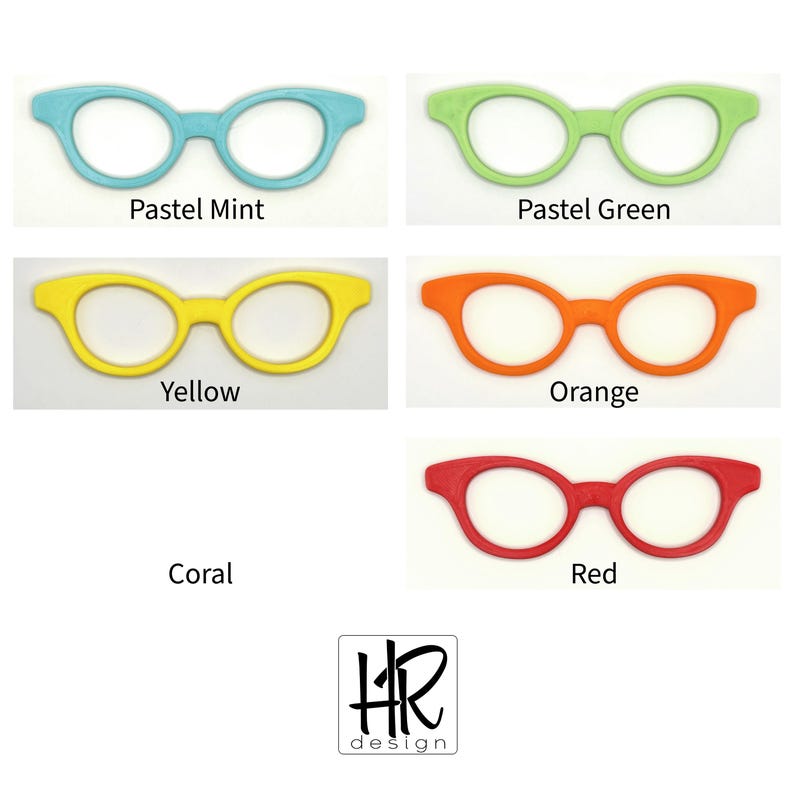 May include: A selection of decorative spectacles in pastel mint, pastel green, yellow, orange, coral, and red. Each pair has a rounded frame. Text below each pair indicates the colour. The HR design logo is in the bottom right corner.