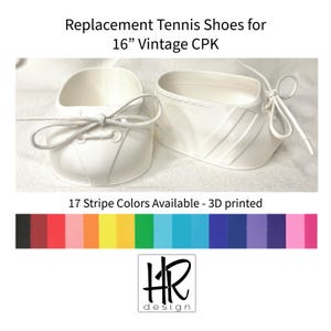 May include: White 3D-printed replacement tennis shoes for 16" Vintage CPK dolls. The shoes have laces and a classic design. The image also shows a color palette of 17 stripe colors available.