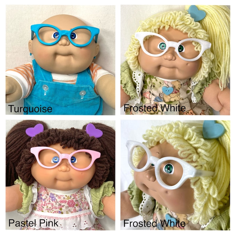 May include: Four Cabbage Patch Kids dolls wearing different coloured glasses. The glasses are turquoise, frosted white, and pastel pink. The text "Turquoise", "Frosted White", and "Pastel Pink" are below the dolls.