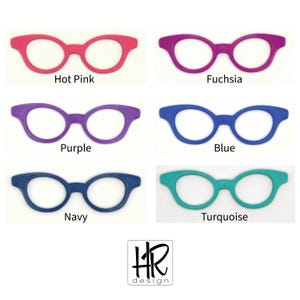 May include: A selection of brightly coloured eyeglass frames in hot pink, fuchsia, purple, blue, navy, and turquoise. Each frame has a rounded shape and is labelled with its colour name. The image includes the HR design logo.