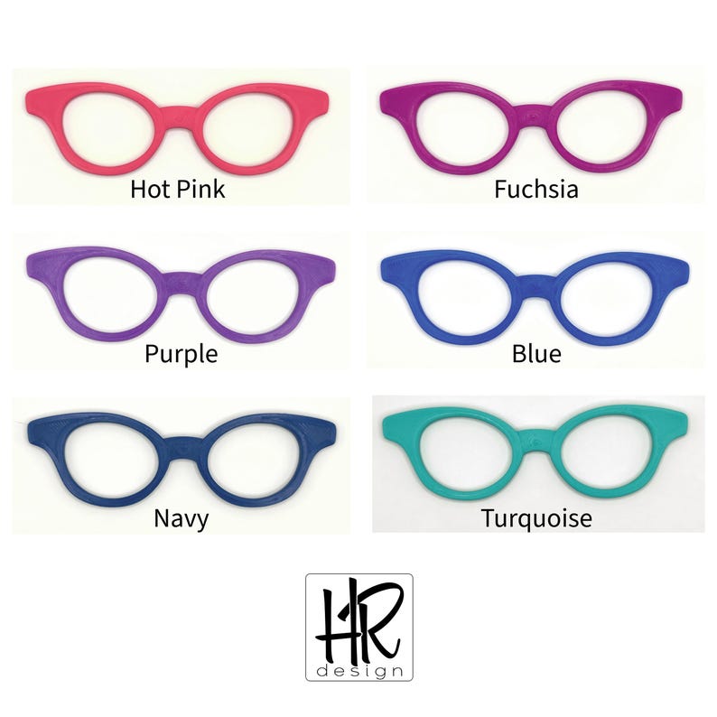 May include: A selection of brightly coloured eyeglass frames in hot pink, fuchsia, purple, blue, navy, and turquoise. Each frame has a rounded shape and is labelled with its colour name. The image includes the HR design logo.