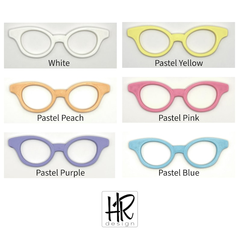 May include: Six pairs of eyeglasses in pastel shades: white, pastel yellow, pastel peach, pastel pink, pastel purple, and pastel blue. Each pair has a round frame. Text below each pair reads "White", "Pastel Yellow", "Pastel Peach", "Pastel Pink", "Pastel Purple", and "Pastel Blue".