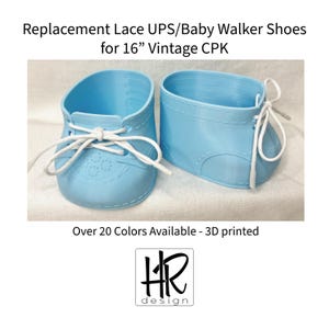 May include: Light blue replacement lace-up baby walker shoes for 16-inch vintage CPK dolls. The shoes have white laces and are 3D printed. The image includes the text "Over 20 Colors Available - 3D printed."