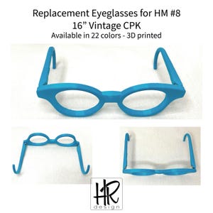 May include: Turquoise replacement eyeglasses for HM #8, 16" Vintage CPK. The 3D-printed frames are shown in three different views. Text on the image reads "Available in 22 colours - 3D printed."