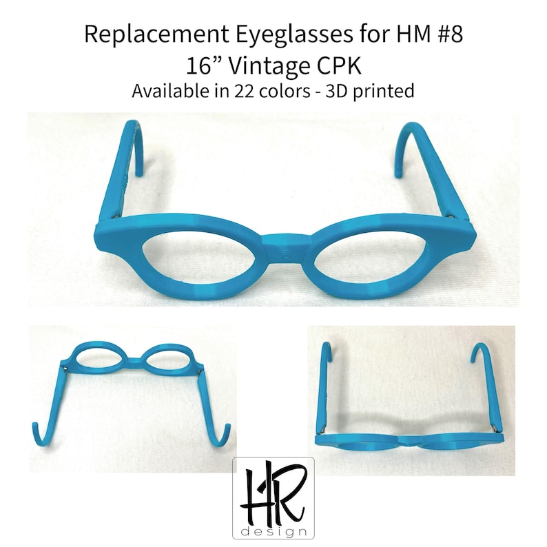 May include: Turquoise replacement eyeglasses for HM #8, 16" Vintage CPK. The 3D-printed frames are shown in three different views. Text on the image reads "Available in 22 colours - 3D printed."