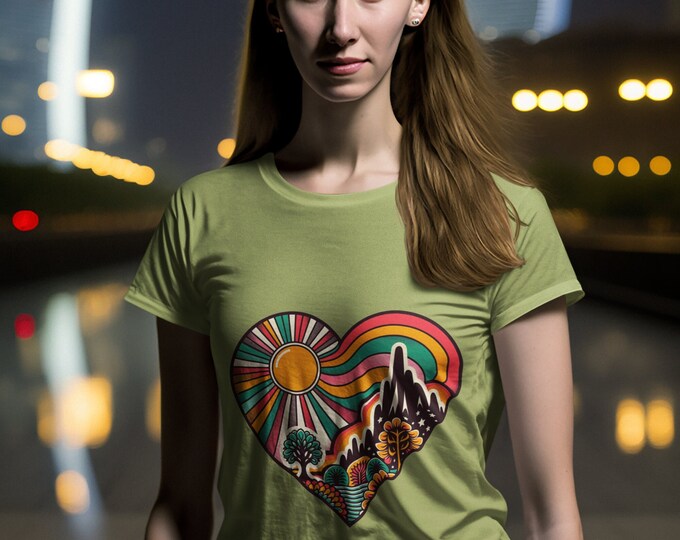 Psychedelic Nature Heart Tshirt - Gift For Her, Heart Shirt Aesthetic, Graphic Tee, Nature, Mountains, Trees Shirt, Vintage T-shirt