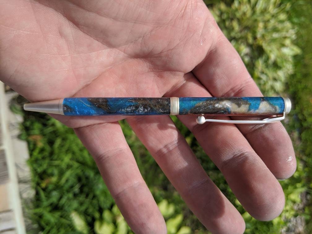 Handmade Resin Pen Blue and Silver