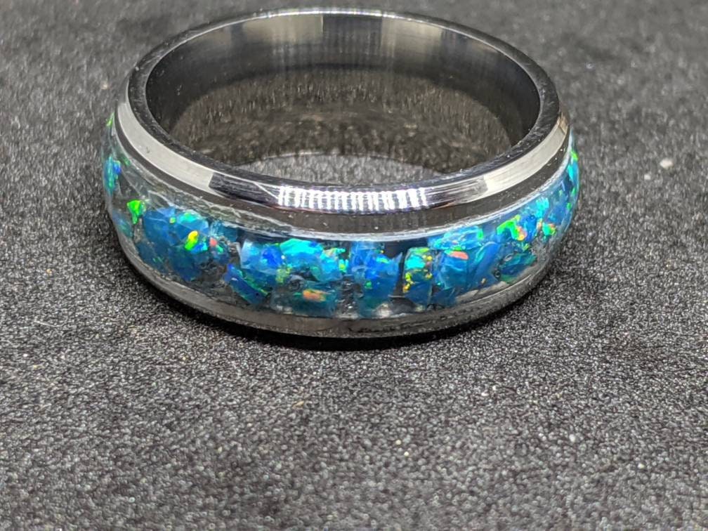 Opal Ring Wedding Band Turquoise Inlay