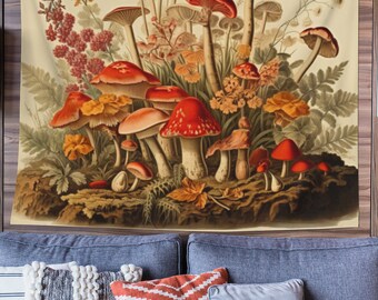 Gobelin Grzybowy - Psychodeliczny - Odlotowy - Kosmiczny - Gobeliny Neonowe - Sypialnia Salon Pokój Gier Magiczne Grzyby Gotyckie