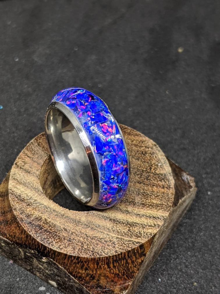 Opal Ring Wedding Band Purple Blue Opal Inlay