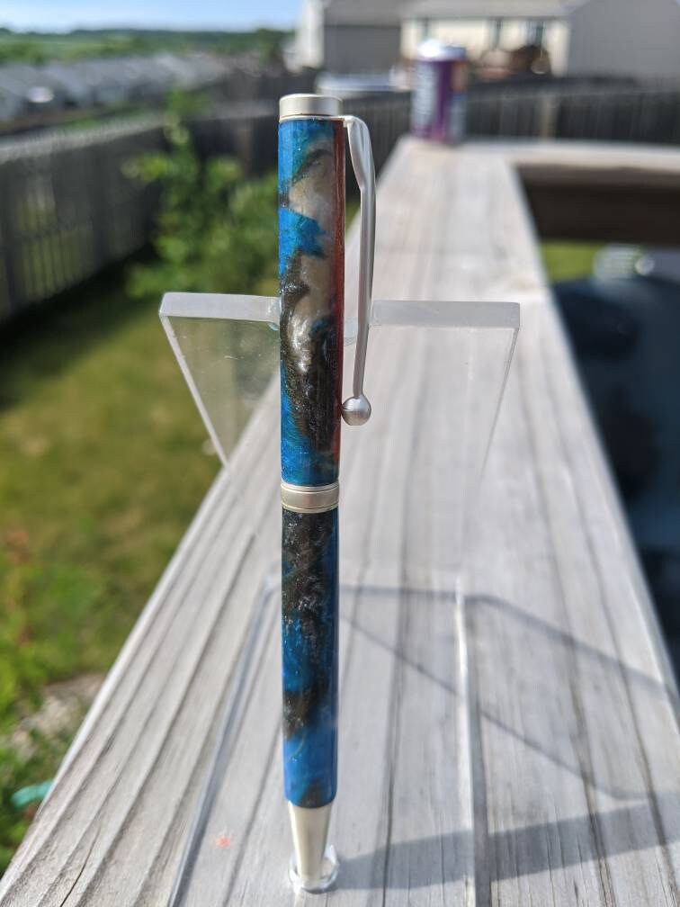 Handmade Resin Pen Blue and Silver