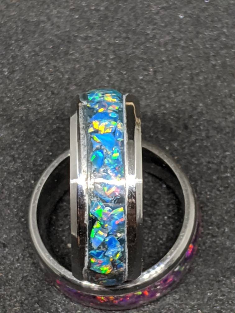 Opal Ring Wedding Band Turquoise Inlay