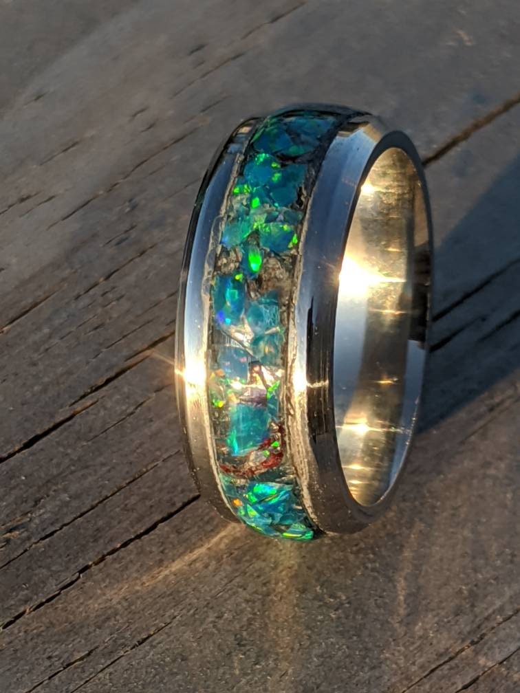 Opal Ring Wedding Band Turquoise Inlay