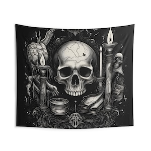 Skulls and Candles Tapestry - Gothic Wall Tapestry hanging - Indoor Hanging Wall Art