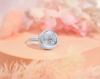 925 Sterling Silver Monogram Round Locket Ring, Keepsake Ring, Silver Ring