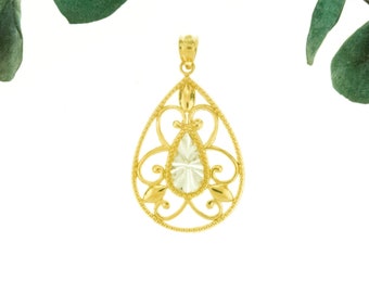 14KT Gold Two Tone Teardrop Filigree Pendant