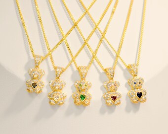 14KT Gold Teddy Bear Necklace, CZ Birthstone Teddy Bear