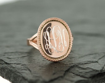 925 Sterling Silver Oval Nautical Rope Monogram Ring, Rose Gold Monogram Ring, Bridesmaids Gifts, Oval Ring, Rose Gold