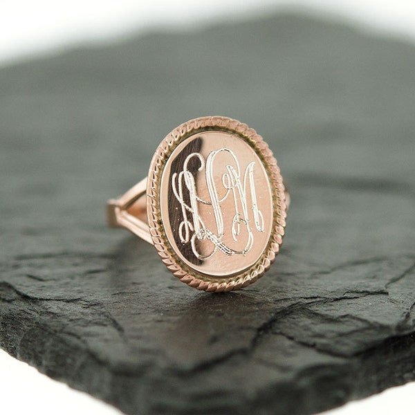 925 Sterling Silver Oval Nautical Rope Monogram Ring, Rose Gold Monogram Ring, Bridesmaids Gifts, Oval Ring, Rose Gold