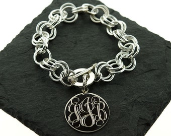 925 Sterling Silver Double Link Monogram Bracelet, Personalized Charm Bracelet, Rolo Bracelet