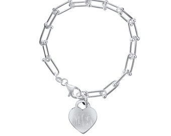 925 Sterling Silver Chunky U Link Bracelet, Heart Tag Monogram