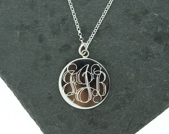 Collier grand disque rond monogramme en argent sterling 925, collier disque monogramme