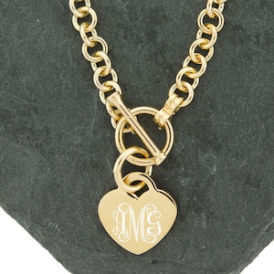 925 Sterling Silver Gold Vermeil Heart Tag Toggle Link Monogram Bracelet, Personalized Bracelet, Gold Vermeil